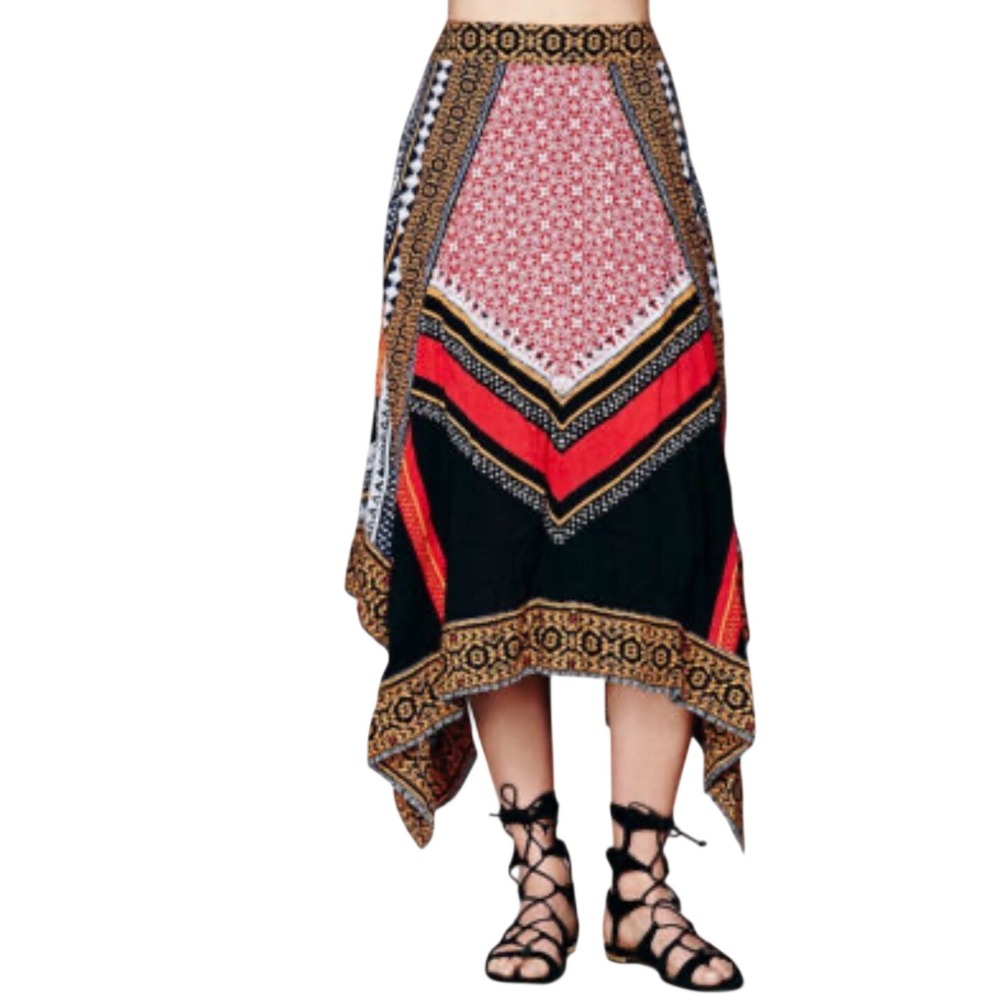 Free People Women's Tribal Print Maxi Skirt L Black Multi Boho Festival